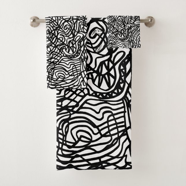 Abstraktes Schwarz-Weiß-Linienmuster Badhandtuch Set (Insitu)