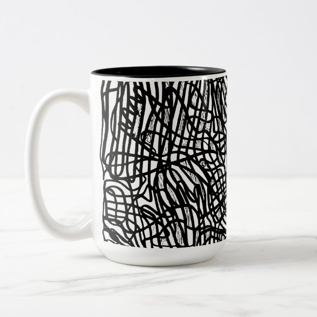 Abstraktes Schwarz-Weiß-Linienmuster Zweifarbige Tasse (Links)