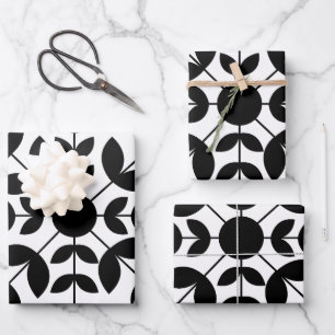 Abstraktes Schwarz-Weiß-Mandala-Blumenmuster Geschenkpapier Set