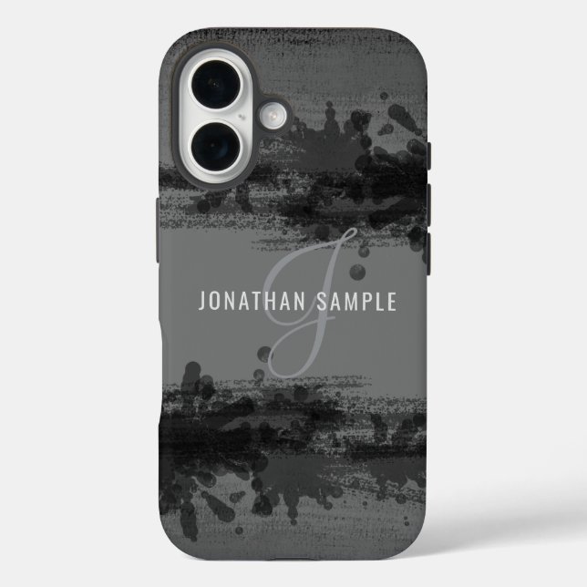 Abstraktes Schwarzes Aquarell-Monogramm iPhone 16 Hülle (Rückseite)