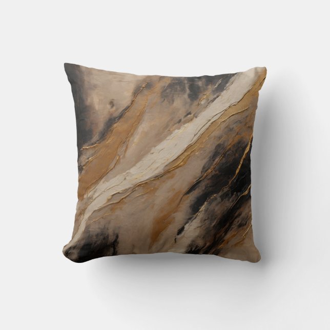 Abstraktes Schwarzes Gold Beige Kissen (Vorderseite)