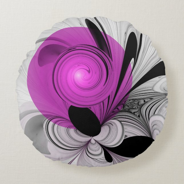 Abstraktes Schwarzes Grau mit Magenta Fraktal Kuns Rundes Kissen (Vorderseite)