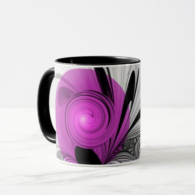 Abstraktes Schwarzes Grau mit Magenta Fraktal Kuns Tasse (Vorderseite Links)
