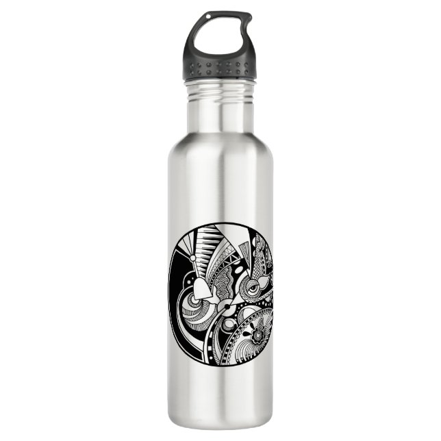 Abstraktes Schwarzweiss-zendala auf Kreis Edelstahlflasche (Vorderseite)