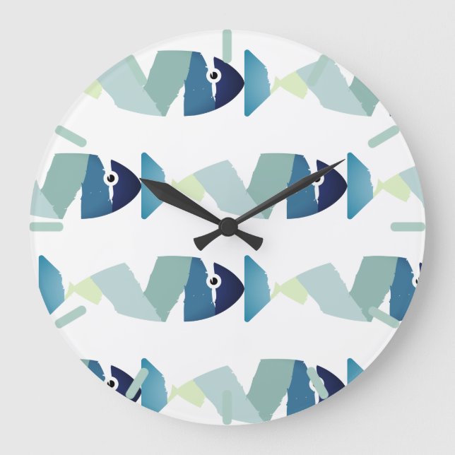 Abstraktes Schwimmen Blauer Fisch Große Wanduhr (Vorderseite)