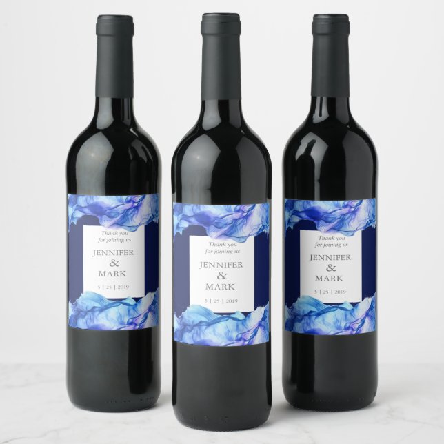 Abstraktes Seidenblauer Hochzeitwein Weinetikett (Flaschen)