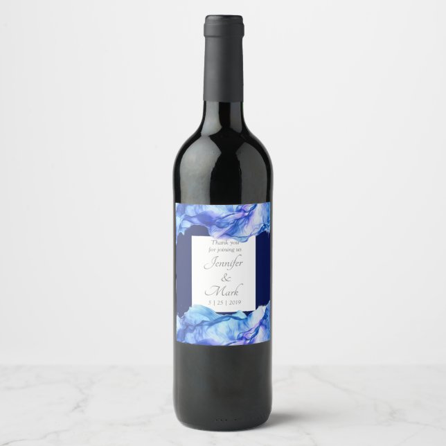 Abstraktes Seidenblauer Hochzeitwein Weinetikett (Vorderseite)