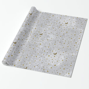 Abstraktes silbernes Papier mit Gold ist, Mond in Geschenkpapier