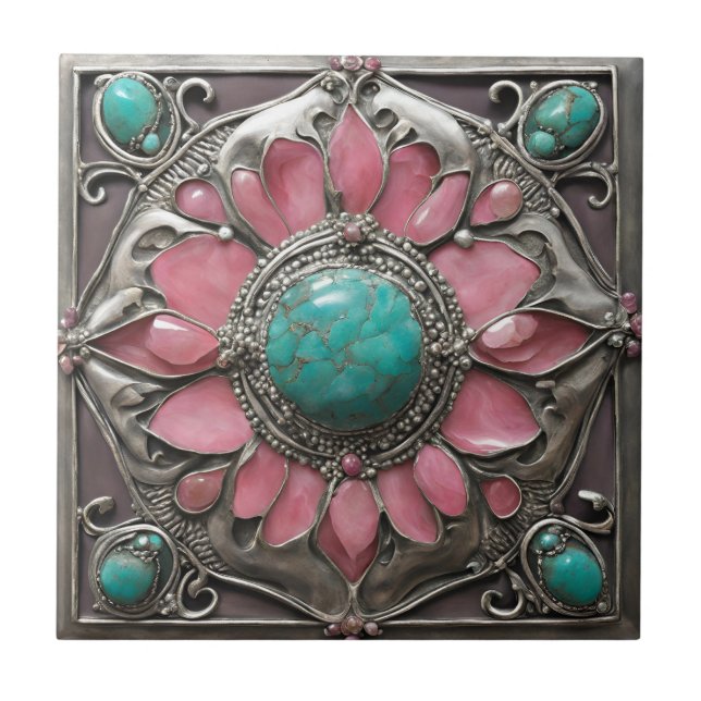 Abstraktes Silberrosa und türkisfarbene Mosaikkuns Fliese (Vorderseite)