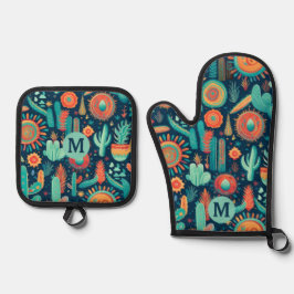 Abstraktes Sonoran-Wüstenmuster-Monogramm Ofenhandschuh & Topflappen-Set