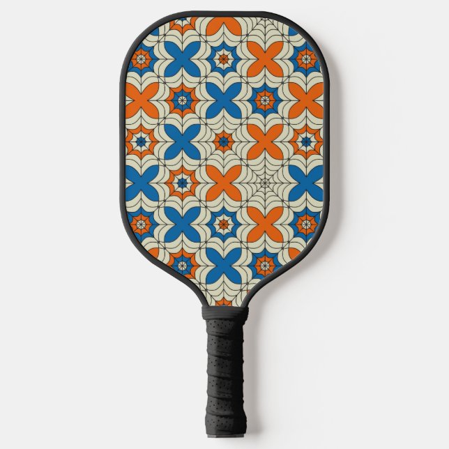 Abstraktes Spider-Webdesign in Blau und Orange Pickleball Schläger (Vorderseite)