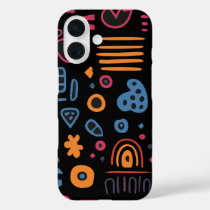 Abstraktes Stammes-Doodle-Neon-Geometrisch Schwarz iPhone 16 Hülle