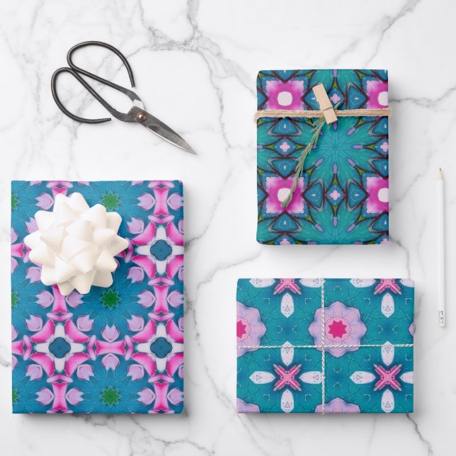 abstraktes Sternmuster aquamarin und rosa Geschenkpapier Set (Vorderseite)