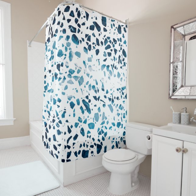 Abstraktes Terrazzo Mosaic Navy & Light Blue Muste Duschvorhang (Beispiel)