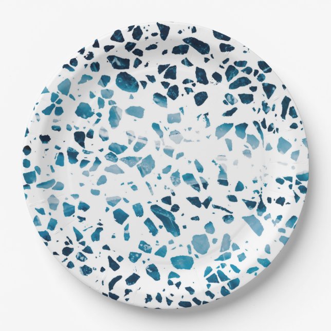 Abstraktes Terrazzo Mosaic Navy & Light Blue Muste Pappteller (Vorderseite)