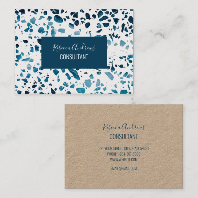 Abstraktes Terrazzo Mosaic Navy & Light Blue Muste Visitenkarte (Vorne/Hinten)