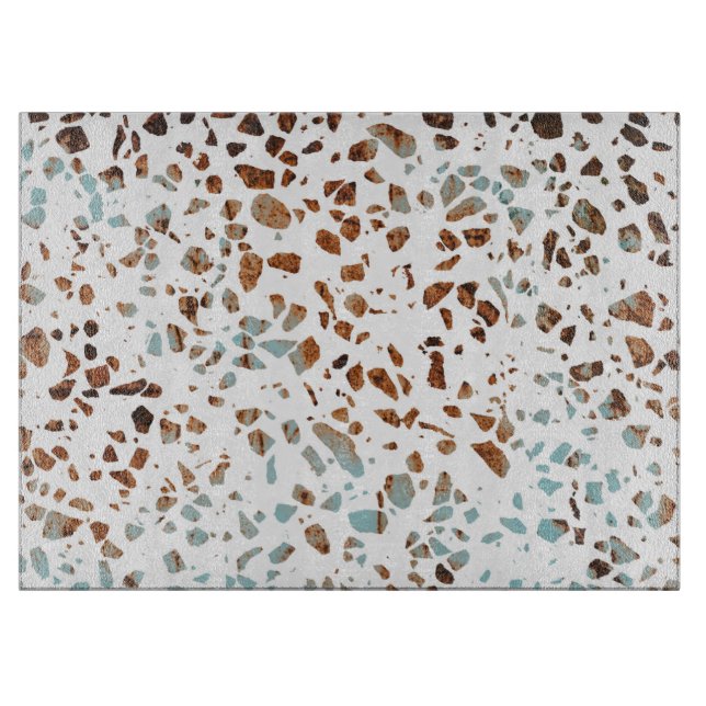Abstraktes Terrazzo Mosaic Rust Brown & Blue Muste Schneidebrett (Vorderseite)