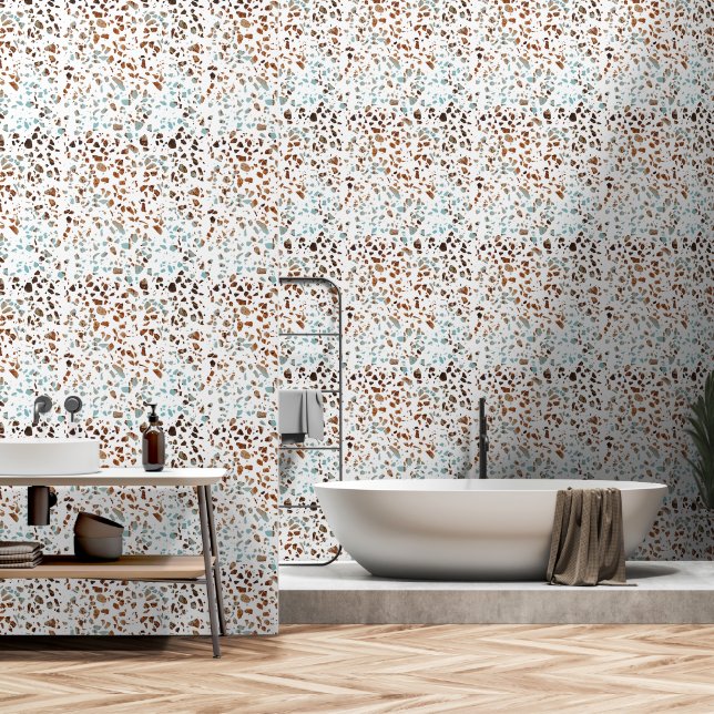 Abstraktes Terrazzo Mosaic Rust Brown & Blue Muste Tapete (Badezimmer)