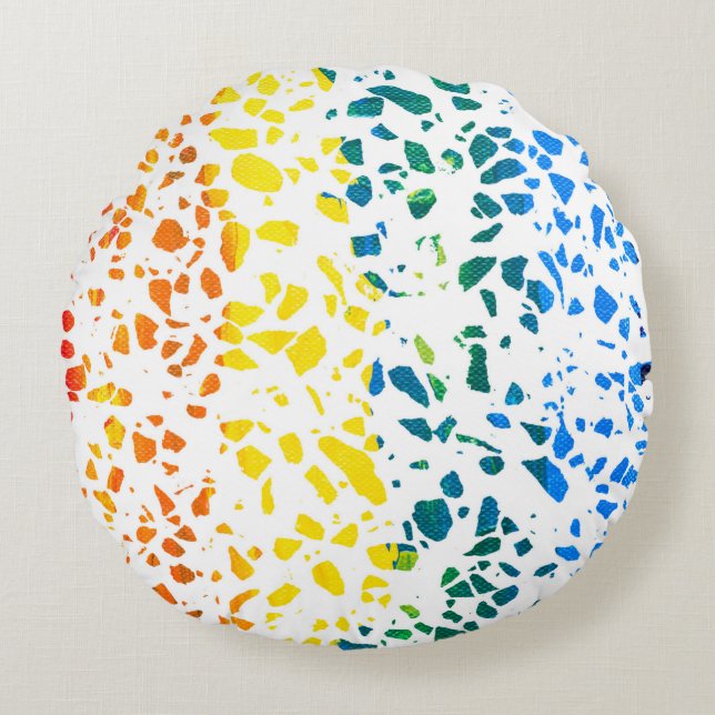 Abstraktes Terrazzo-Mosaik-Rainbow-Muster Rundes Kissen (Vorderseite)