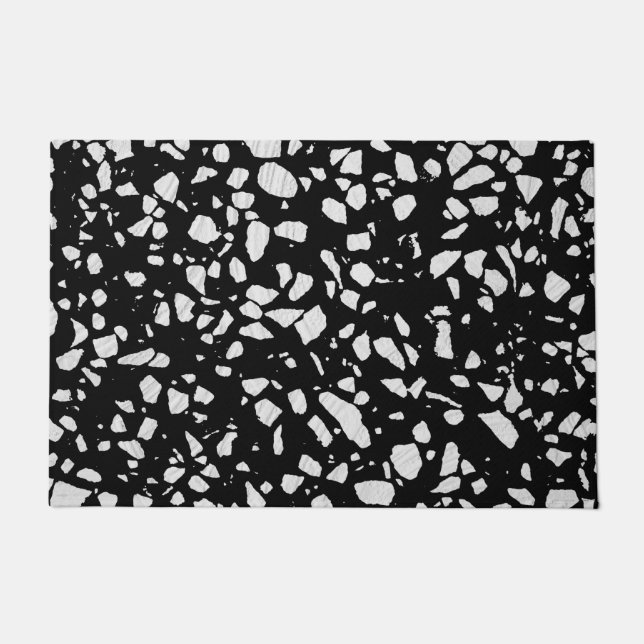Abstraktes Terrazzo Mosaik Schwarz-Weiß-Muster Fußmatte (Vorderseite)