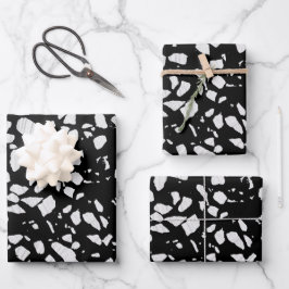 Abstraktes Terrazzo Mosaik Schwarz-Weiß-Muster Geschenkpapier Set