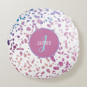 Abstraktes Terrazzo-Muster in Rosa und Blau Rundes Kissen