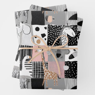 Abstraktes Tierdesign in Schwarz, Grau und Rosa Geschenkpapier Set