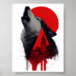 Abstraktes Trash-Polka-Plakat mit heulendem Wolf u Poster