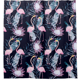 Abstraktes tropisches Muster mit Flamingo, Protea, Duschvorhang