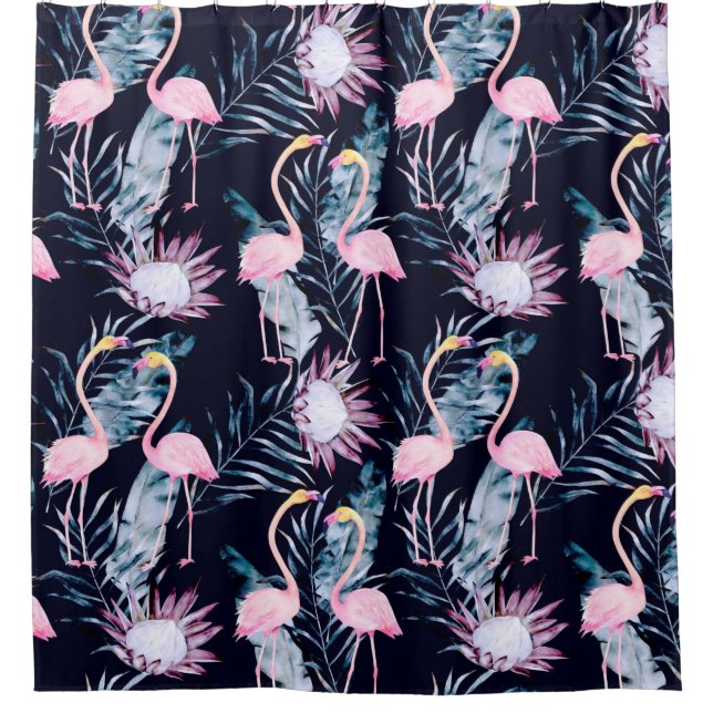 Abstraktes tropisches Muster mit Flamingo, Protea, Duschvorhang (Vorderseite)