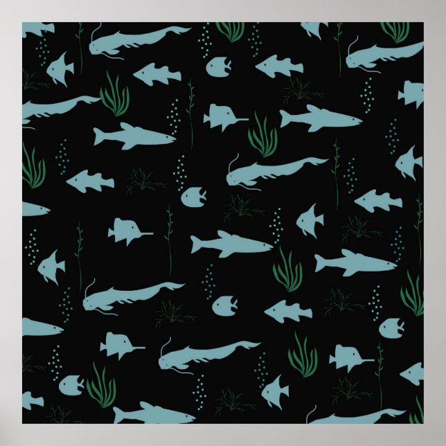 Abstraktes Unterwassermuster mit Fischen und Algen Poster (Vorne)
