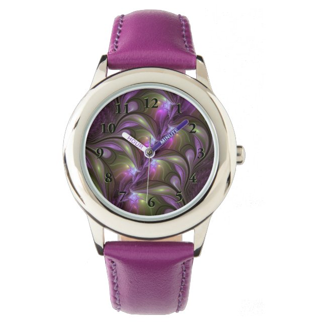 Abstraktes Violett Lila Khaki Fraktal Armbanduhr (Vorderseite)