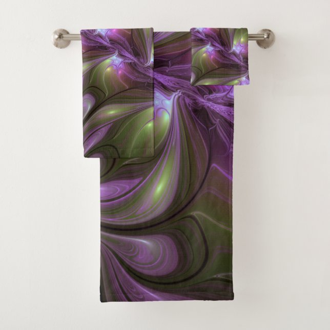 Abstraktes Violett Lila Khaki Fraktal Badhandtuch Set (Insitu)