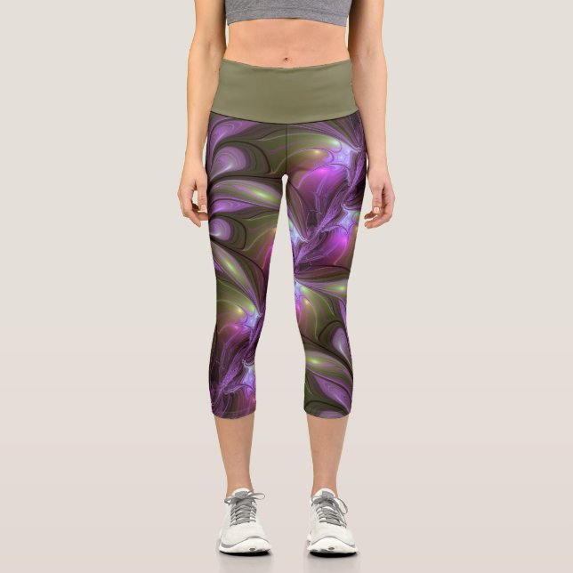 Abstraktes Violett Lila Khaki Fraktal Capri Leggings (Vorderseite)