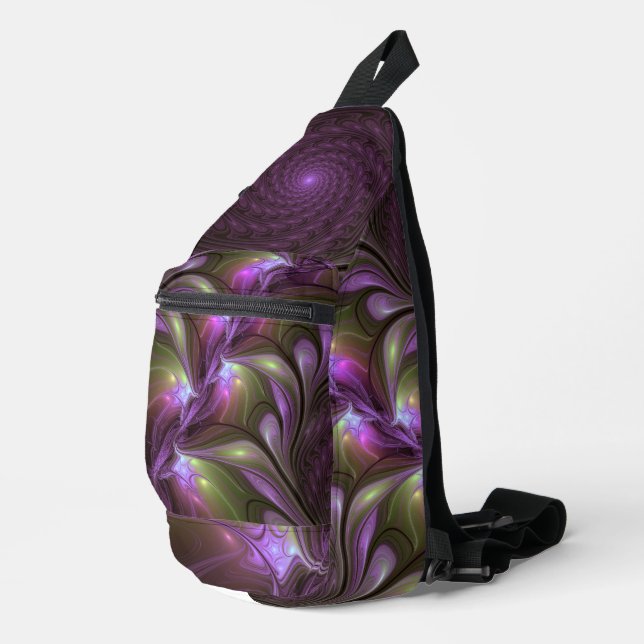 Abstraktes Violett Lila Khaki Fraktal Crossbody Bag (Rechte Ecke)