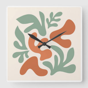 abstraktes Wandbild in Salbeigrün und Terrakotta Quadratische Wanduhr