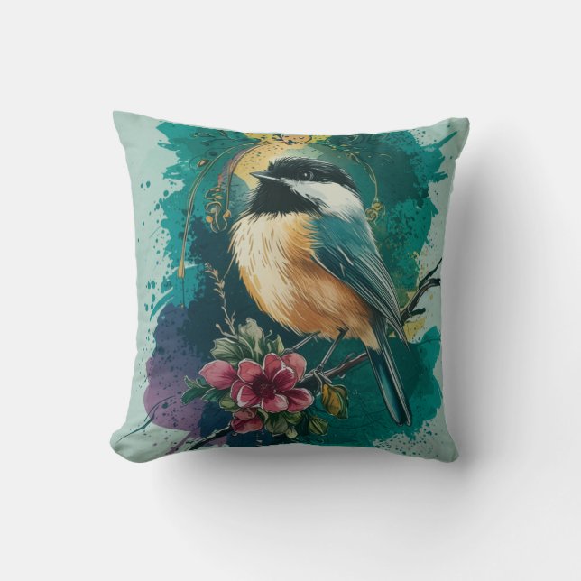 Abstraktes Wasserfarben-Chickadee-Kissen Kissen (Vorderseite)