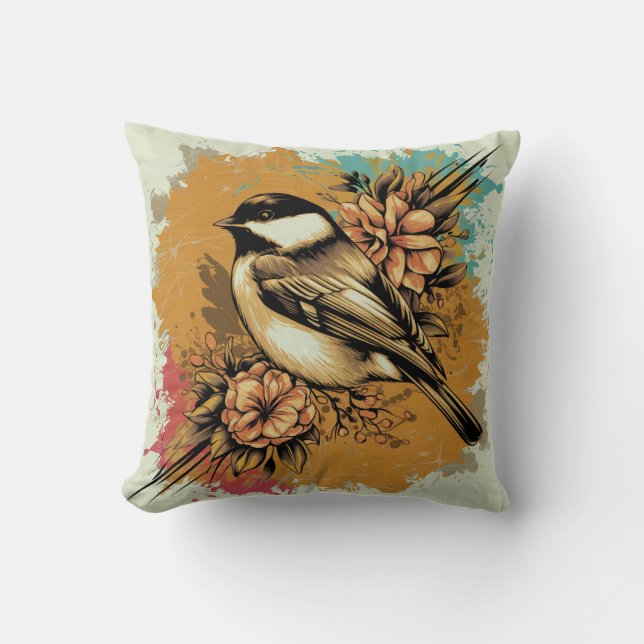 Abstraktes Wasserfarben-Chickadee-Kissen Kissen (Vorderseite)