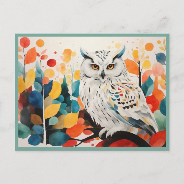 Abstraktes Weißes Owl auf einer Waldzweigung Postkarte (Vorderseite)