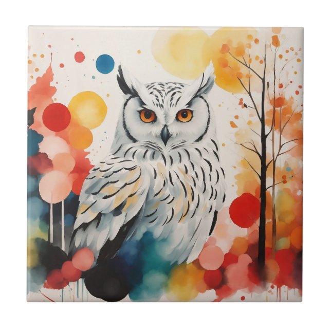 Abstraktes weißes Owl in farbenprächtigem Traumwal Fliese (Vorderseite)