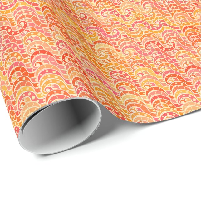 Abstraktes Wellenmuster - Orange, Korallen und Gol Geschenkpapier (Rolleneckpunkt)