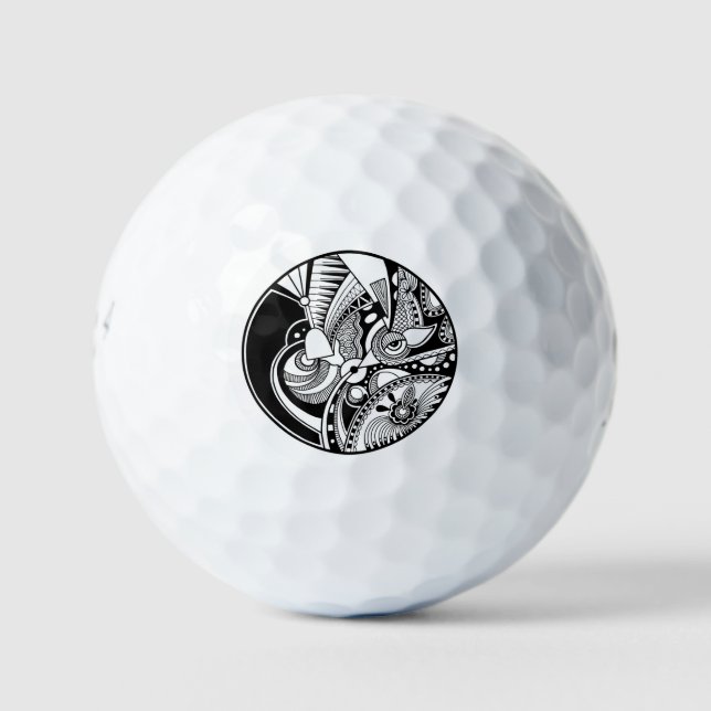 Abstraktes Zendala in Schwarzweiß Golfball (Vorderseite)