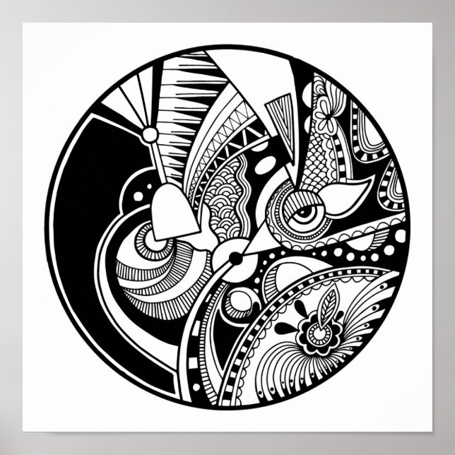 Abstraktes Zendala in Schwarzweiß im Kreis 2 Poster (Vorne)