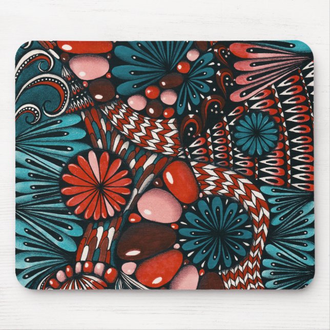 Abstraktes Zentangle Teal- und Korallenrotes Mausp Mousepad (Vorne)