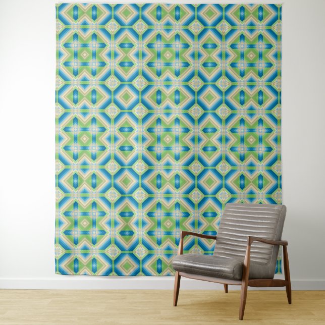 Abstraktion geometrische Formen blau-grün-weißes E Wandteppich (Beispiel)