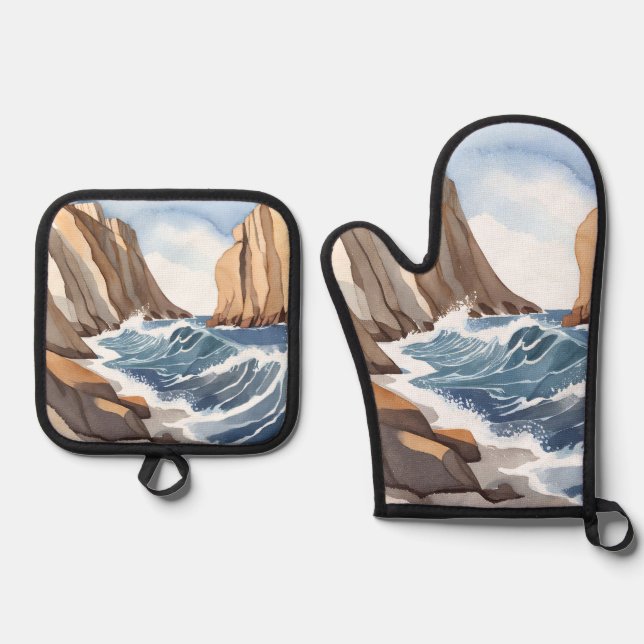 Absturz von Meereswellen | Strandbäder Ofenhandschuh & Topflappen-Set (Vorderseite)