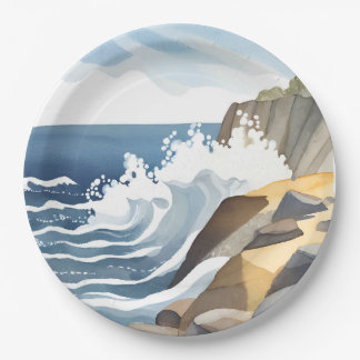 Abstürze | Rocky Coastal Shore Wasserfarbe Pappteller