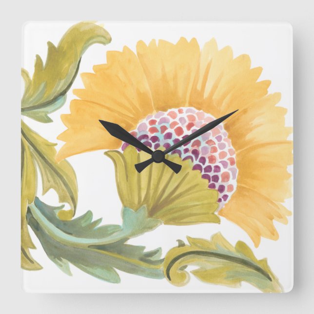 Abtei-Blumenfliesen - Gelb Quadratische Wanduhr (Vorderseite)