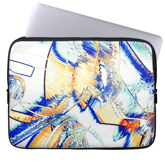 Abtropfte Tinte, Bild mit orangefarbenem und blaue Laptopschutzhülle (Vorderseite)