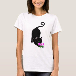 Abwärts schwarze Kätzchen Katze & rosa Blumen T-Shirt
